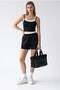 2151 Women's Piping Detailed Strappy Crop Top Shorts Set Black - 3