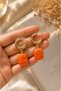 Colorful Natural-Looking Stone Detailed Gold C Hoop Earrings Suitable for Daily and Special Occasion Combinations Women's Earrings - 3