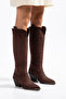 Brown Matte Suede Metal Toe Flat Below-The-Knee Western Cowboy Boots - 5