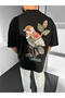 Black Woven Bird Embroidered Premium Oversize T-Shirt