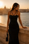 Women's Black Thin Strap Midi Dress with V-Strap Detail on Front and Back - 3