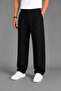Men's Black Modern Cut Pleated Wide Leg Fabric Trousers