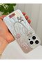 iPhone 16 Pro Max Stone Case with Pearl Necklace Detail, Marbling Effect, 3D Heart and Motif Charm Cover - 5