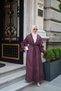 Women's Ribbon Stone Detail Waist Tie Ruffled Sleeves Tulle Long Abaya Plum
