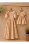 Salmon Watermelon Sleeve Women's Dress and Girls' Salmon Flared Dress Combination (Sold Individually)