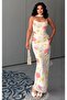 Women's White Floral Scarf Long Tulle Dress with Drawstring Straps - 2