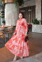 Pomegranate Flower Half Buttoned Sleeves Elastic Skirt Layered Dress - 2