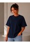 Set of 2 White-Navy Blue Oversize Women's T-Shirts - Crew Neck Cotton T-Shirt - 4