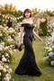 Women's Black Boat Neck Long Sequin Fishnet Evening Dress - 5