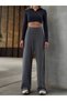 Women's Gray Front Stitching Detailed Thessaloniki Pants High Waist Wide Leg Knitted Loose Leg - 2