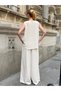 Women's V-Neck Lace Detailed Blouse Pocketed Pants Bottom Top Linen Set - 2