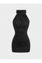 Black Dress with Polka Dots Halter Neck Gathered Stylish
