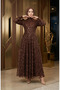 Silvery Belted Hijab Evening Dress 5808-04 Brown - 3