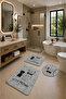 Non-Slip Based Washable 3-Piece Round Gray Bath Mat and Toilet Set with Cat Pattern Bathroom Rug