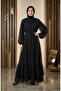 Chiffon Fabric Belted Hijab Evening Dress 5810-03 Black - 2