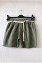 Khaki Pocketless Lined Embroidered Belted Casual Cotton Woven Shorts 38 56 - 2