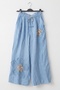 Italian Baby Blue Floral Appliqué Elastic Waist Wide Leg 100% Linen Woven Trousers 100 68 - 2