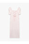 Square Neck Lace-Up Back Slim Fit Short Balloon Sleeve Slit Midi Bodycon Dress - 2
