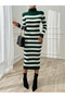 Women's Green and White Striped Ribbed Knitwear Dress with High Neck, Long Sleeves, Midi Length - 5