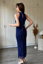 Buy Accessory Detailed Halter Neck Glittery Midi Navy Blue Dress - 2