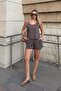 Brown Thick Straps Draped Crop-Waist Elastic Pocket Shorts Women's Model Top and Bottom Set - 4