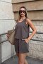 Brown Thick Straps Draped Crop-Waist Elastic Pocket Shorts Women's Model Top and Bottom Set - 3