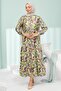 Green Half Buttoned Sleeves Elastic Skirt Layered Dress - 3