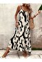 Women's Rope Strap V-Neck Patterned Long Single Jersey Dress - 4