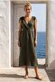 Khaki Double-Breasted Collar Sleeveless Robe with Elastic Shoulder Gathering Casual Muslin Long Woven Dress 120 52 - 5