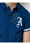 Boys Navy Blue Short Striped Sleeves Embroidered Shirt - 3