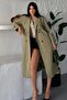 Women's Long Linen Trench Coat |   Double-Breasted Collar Belted Double-Button Oversized Trench Coat - 5