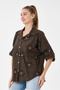 Women's Brown Italian Floral Embroidered Sequined Foldable Long Sleeve Oversize Poplin Shirt Size 40 - 44 - 2