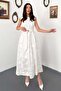 Women's White Midi Dress with Floral Embroidery, Belted, Gathered, Lined, A-Line - 2