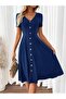 Women's Short Sleeve V Neck Front Button A-Line Woven Dress - 6