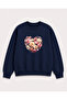 Heart and Roses Print Detailed Crew Neck 2 Thread Sweatshirt