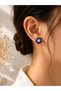 Cobalt Blue Flower Detailed Zircon Stone Earrings – Gold Color Steel Flower Earrings – Elegant Women's Earrings - 2