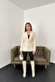 Women's Beige Jacket with Collar, Flap Pockets, Buckle Belt, Long Sleeves, Plain Woven - 3