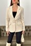 Women's Beige Jacket with Collar, Flap Pockets, Buckle Belt, Long Sleeves, Plain Woven - 5