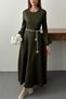 Women's Khaki Long Balloon Sleeve Belted Pocketed Flared Round Neck Dress - 5