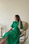 Women's Green Midi Shirt Collar Balloon Sleeve Belted Pleated Cotton Dress - 3