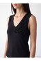 Black V-Neck Women's Blouse with Floral Applique - 3