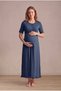 Women's Navy Blue Double-Breasted Collar Maternity Nightgown Set with Nursing Detail and Dressing Gown - 2