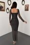 Women's Black Polka Dot Tulle Maxi Dress Square Neck Long Sleeve Lined Slim Fit - 5