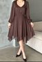 Women's Brown Shimmering V-Neck Long Balloon Sleeve Asymmetrical Midi Dress with Elastic Waist - 4