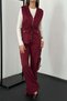 Women's Burgundy Suede Vest and Trousers Set with Zipper, Lacing, Pockets, Wide Legs - 4