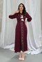 Women's Burgundy Midi Dress with Baby Collar, Polka Dot Ruffle Detail, Buttoned 3/4 Sleeves - 2