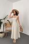 Women's Ecru Polka Dot Strappy Square Neck Buttoned Pocketed Maxi Dress