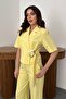 Women's Yellow Jacket-Pants Set Buckle Jacket Pants Set Short Sleeve Jacket Lapel Wide Leg Woven - 3