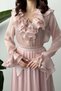 Women's Powder Ruffled Tie Collar Long Sleeve Elastic Waist Blouse Skirt Set - 3