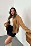 Women's Camel Bomber Jacket with Zipper Flap Pockets, Paneled Ribbed Long Sleeves, Regular Length - 2
